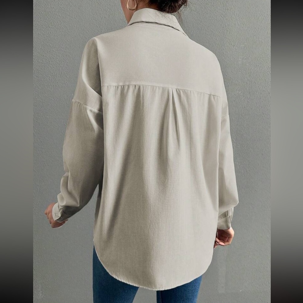 Boho beige blue eye embroidered button down long sleeve shirt - Picture 3 of 5